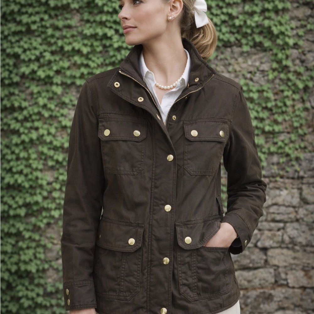J. CREW Waxed Cotton Green/Brown Downtown Field Jacket, S